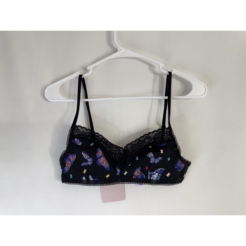 Savage X Fenty Bralette Small Black Butterfly Print Lace Trim Wireless Bra NWT